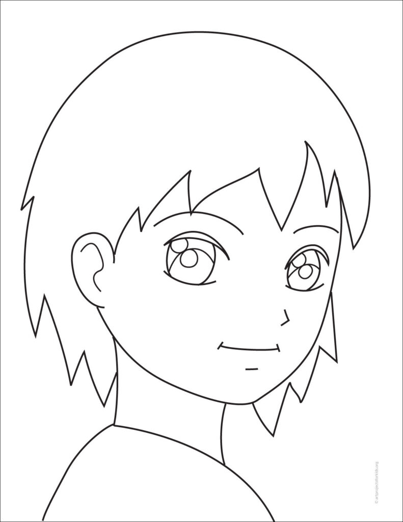 Preview of a step by step tutorial for how to draw an Anime Self Portrait, available as a free printable.