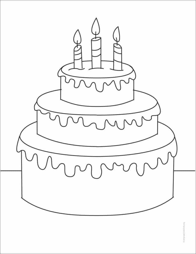 Birthday cake coloring page, available as a free PDF>