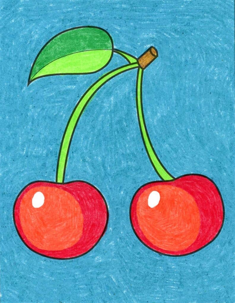 A drawing of a cherry, made with the help of a step by step tutorial.