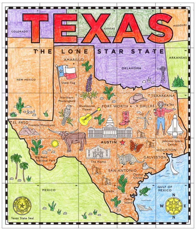 Printable Map of Texas for Kids with Cities and Landmarks to Color