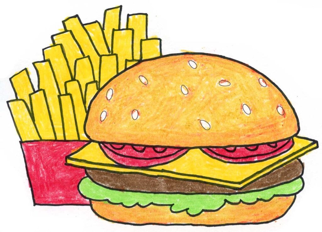 A drawing of a Burger with Fries, made with the help of a step step tutorial. Stop and grab yours for free.