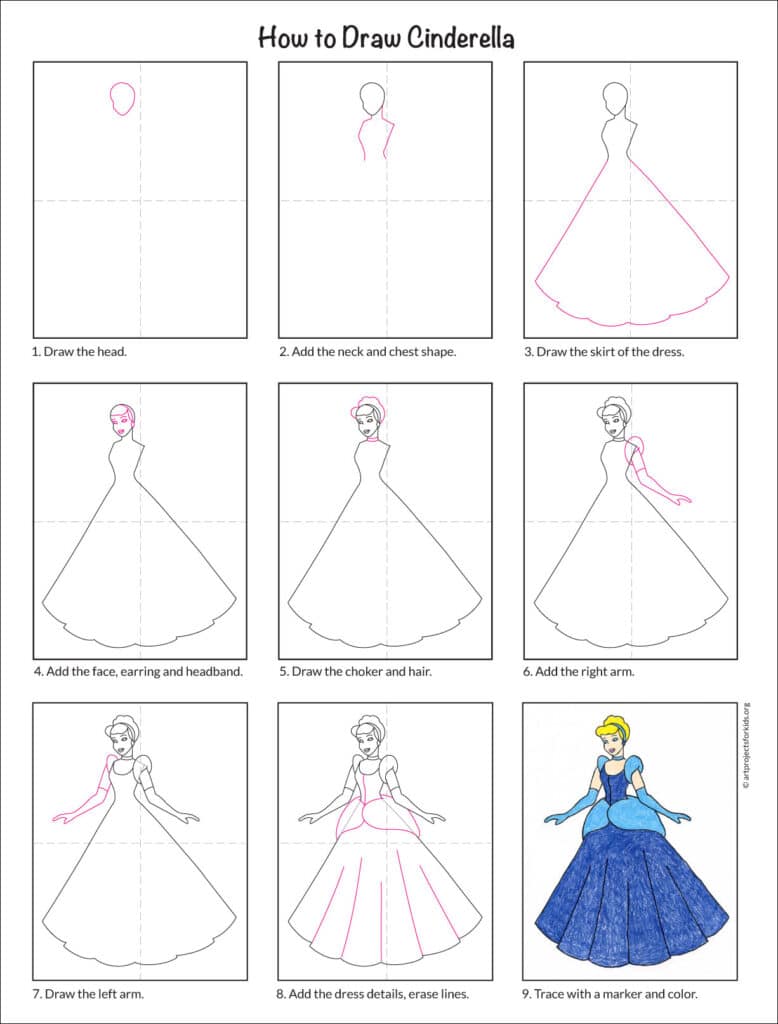 How to Draw Cinderella Easy Step by Step Art Lesson for Kids