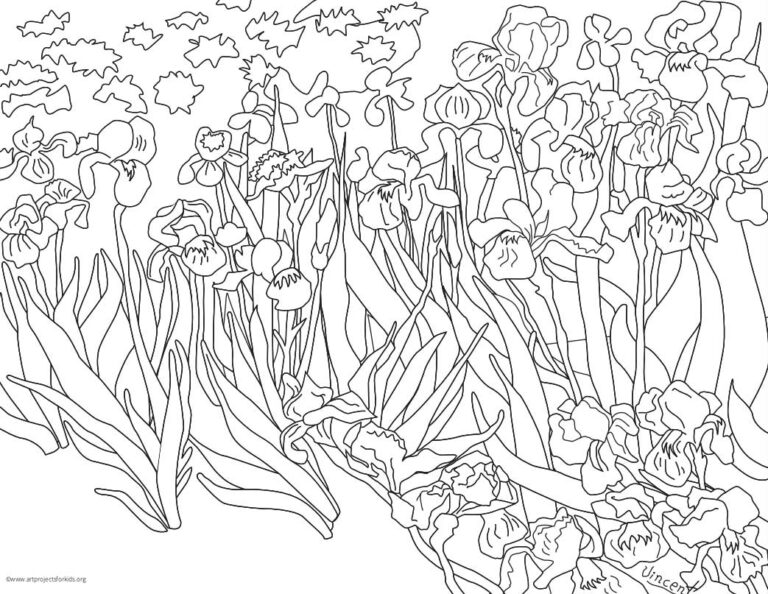 Van Gogh Irises Coloring Page: Free Printable Sheets for Kids