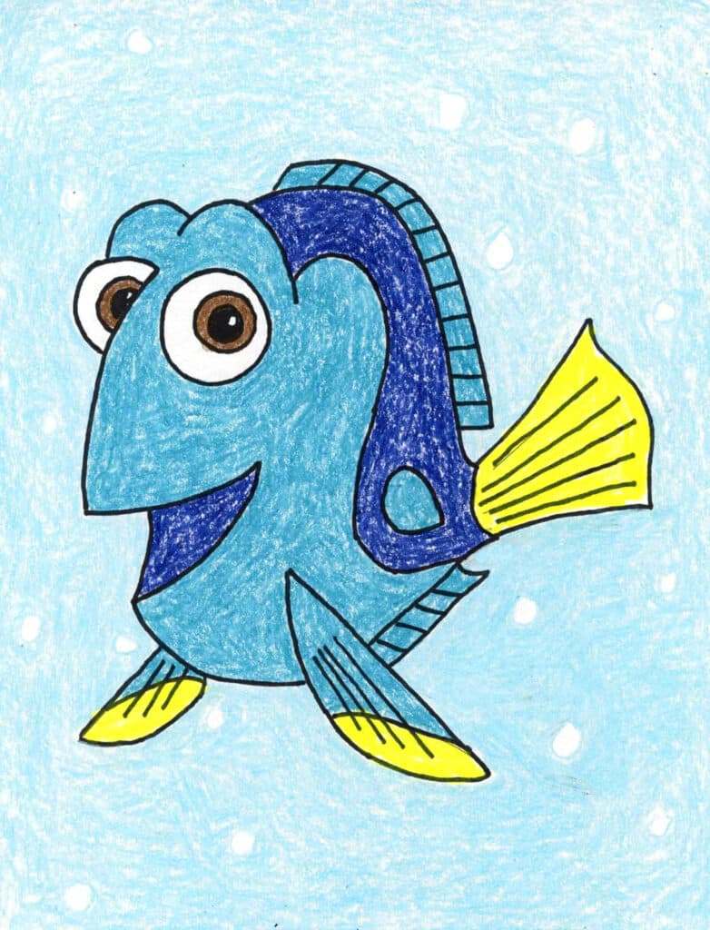 A drawing of Dory from Finding Nemo made with the help of an easy step by step tutorial. 