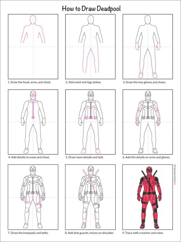 Preview of the step by step tutorial for how to draw a Deadpool, available as a free PDF.