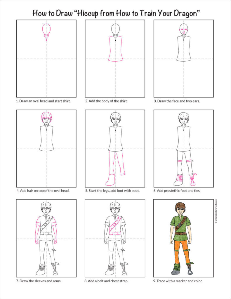 Preview of the step by step tutorial for how to draw Hiccup, available as a free PDF.