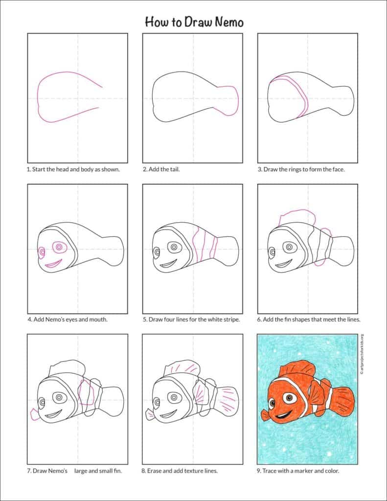 Preview of the step by step tutorial for how to draw Nemo, available as a free PDF.