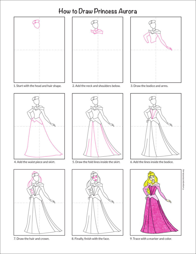 Preview of a Aurora the Princess step by step tutorial, available as a free PDF.