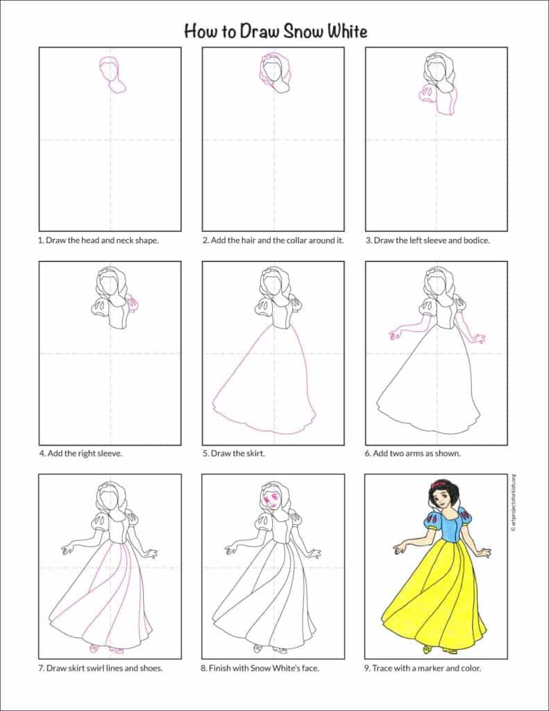 Preview of the step by step tutorial for how to draw Snow White, available as a free PDF.