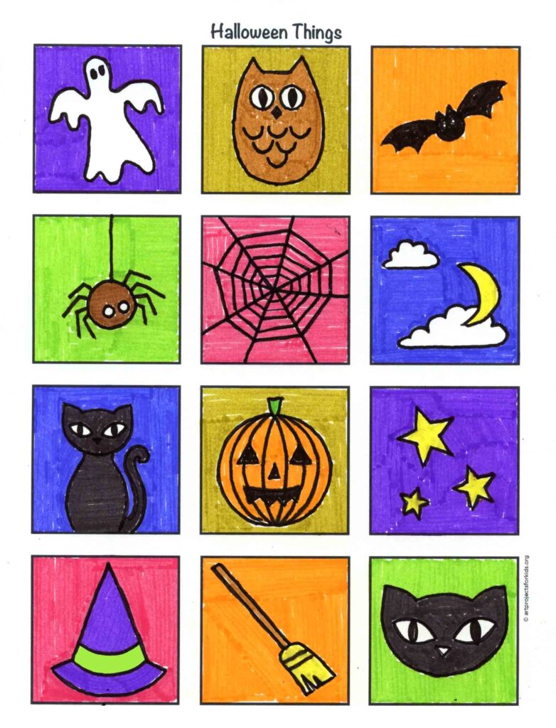 Finished how to draw Halloween things project colored in with markers