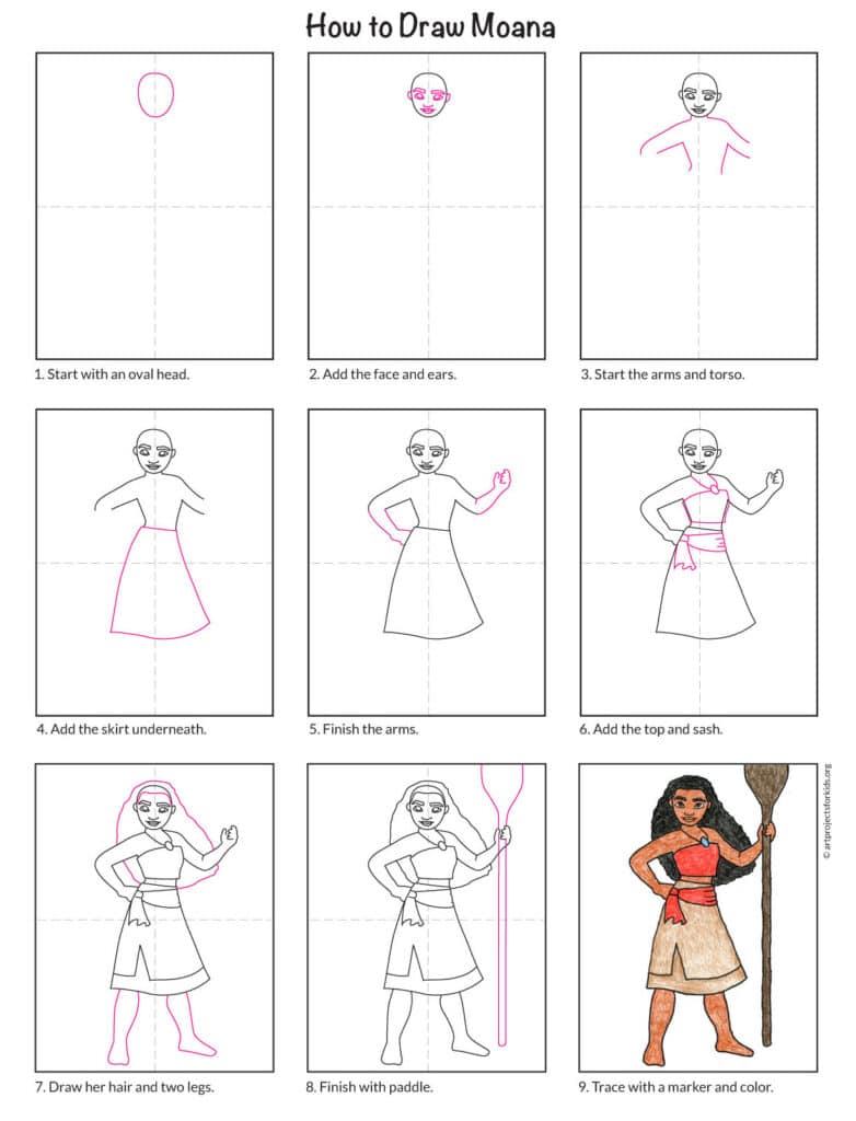 Step-by-step drawing tutorial showing how to draw Moana.