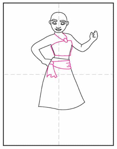 Step 6 of drawing Moana, adding her top and sash.