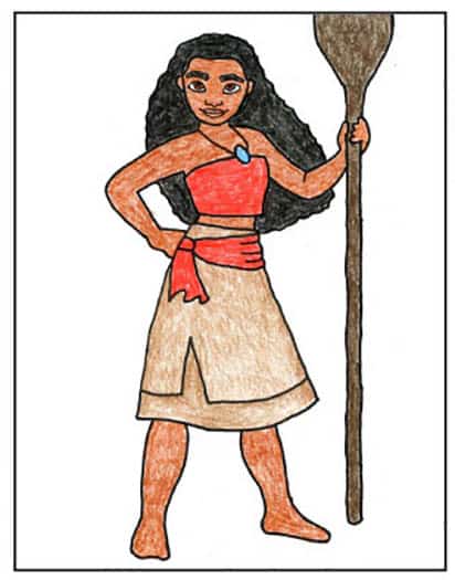 Step 9 of drawing Moana, tracing with a marker and coloring.