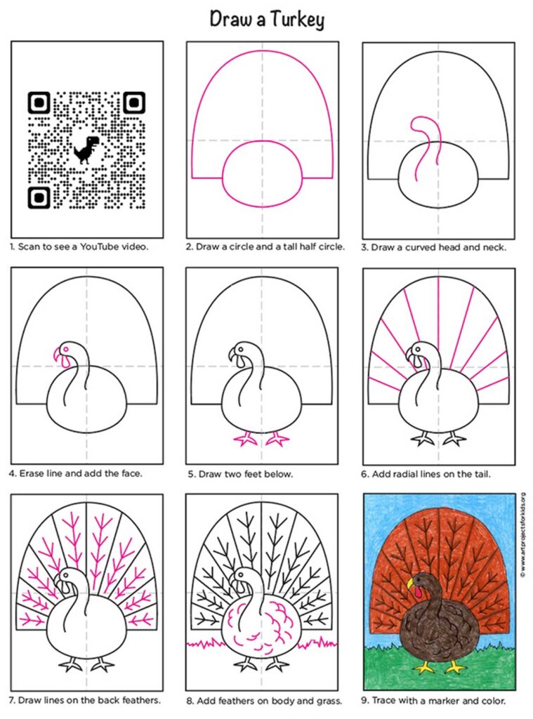 A step by step tutorial for how to draw an easy Turkey, also available as a free PDF.