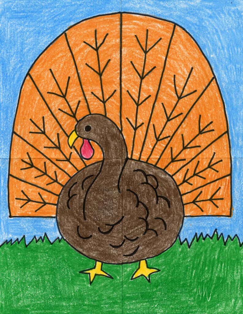 A drawing of a Turkey, made with the help of an easy step by step tutorial.