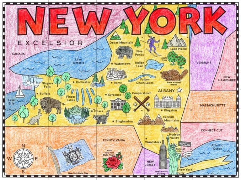 Printable Map of New York for Kids with Landmarks to Color