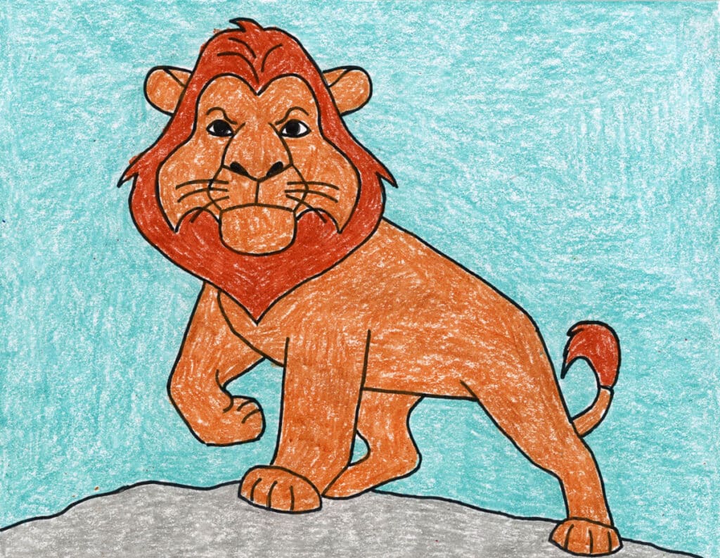 Illustration of Mufasa from The Lion King with step-by-step drawing instructions for beginners.