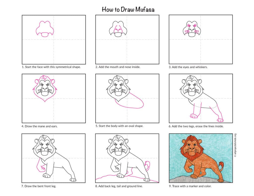 Complete tutorial diagram showing all 9 steps to draw Mufasa, from the face outline to the finished drawing.