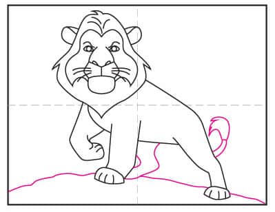 Step 8 of how to draw Mufasa: Draw Mufasa's back leg, long tail, and a line for the ground.