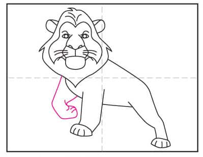 Step 7 of how to draw Mufasa: Add Mufasa's bent front leg to show his sitting pose.