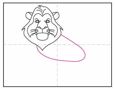 Step 5 of how to draw Mufasa: Begin drawing Mufasa's body with a large oval shape below the head.