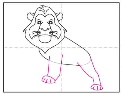 Step 6 of how to draw Mufasa: Draw Mufasa's two front legs and erase extra lines inside the body.