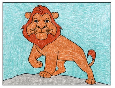 Step 9 of how to draw Mufasa: Trace the drawing with a marker and color Mufasa to complete the illustration