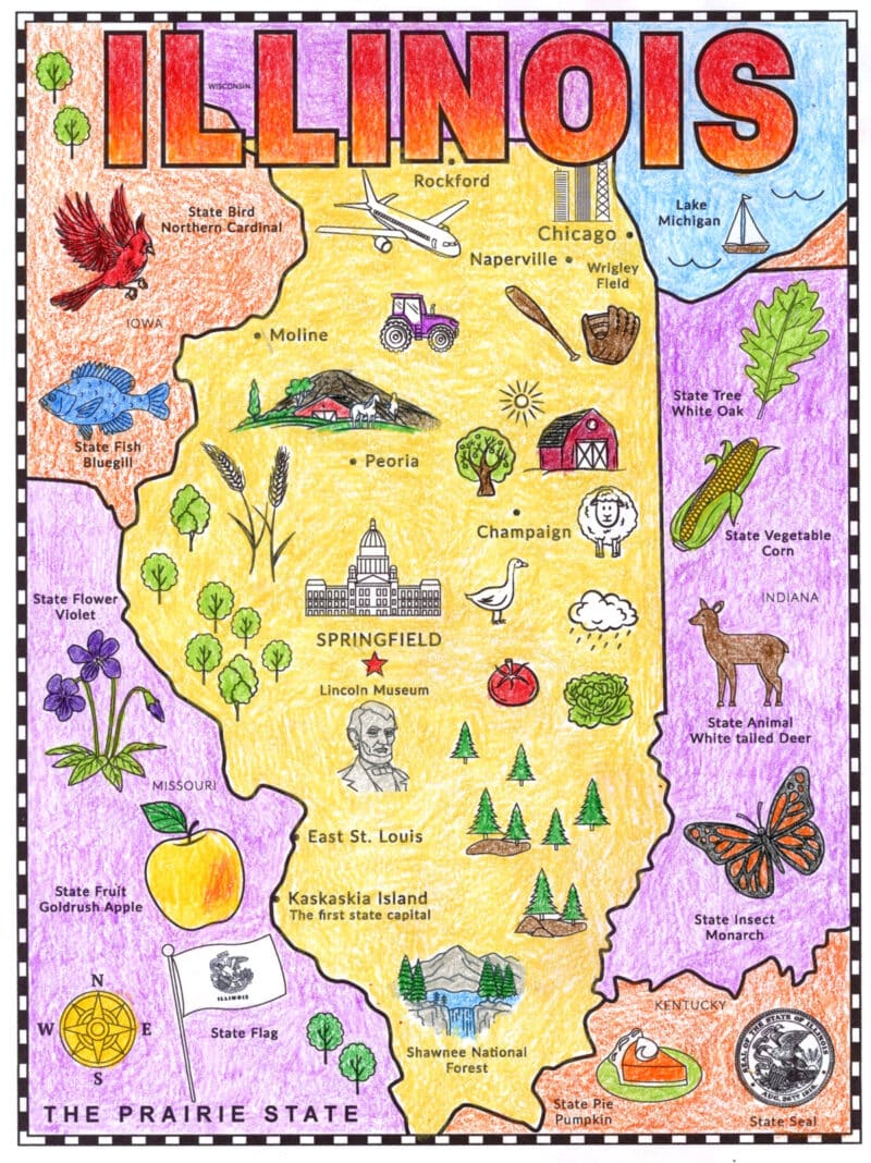 Printable Map of Illinois for Kids with Landmarks to Color