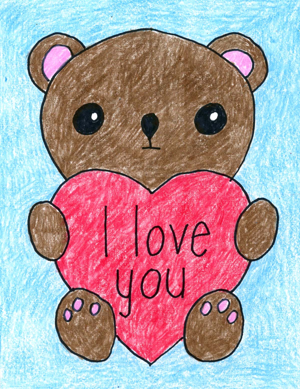 A finished drawing of a Valentine bear holding a heart.