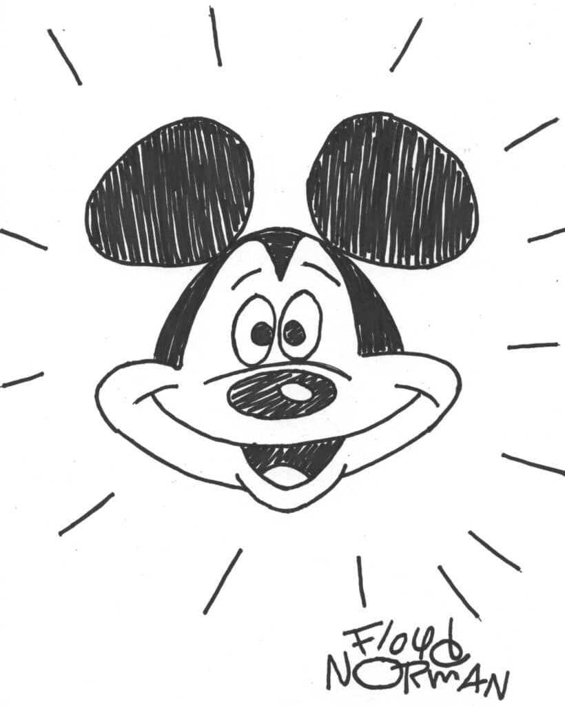 A finished image of how to draw like Floyd Norman, as shown by a sketch he made of Mickey Mouse.