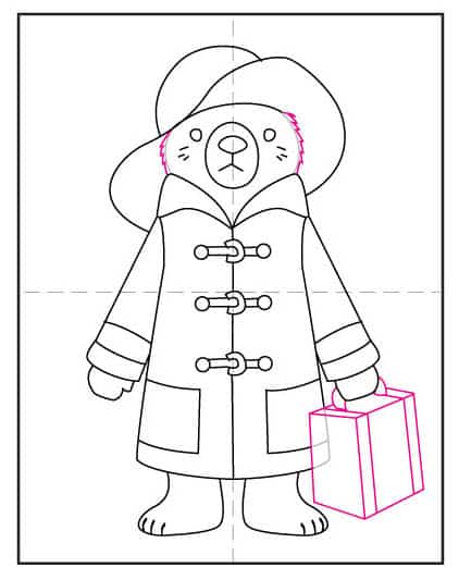 Eighth step of drawing Paddington Bear, adding fur details and suitcase.