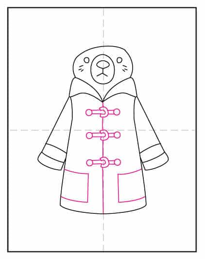 Fifth step of drawing Paddington Bear, adding jacket details and pockets.