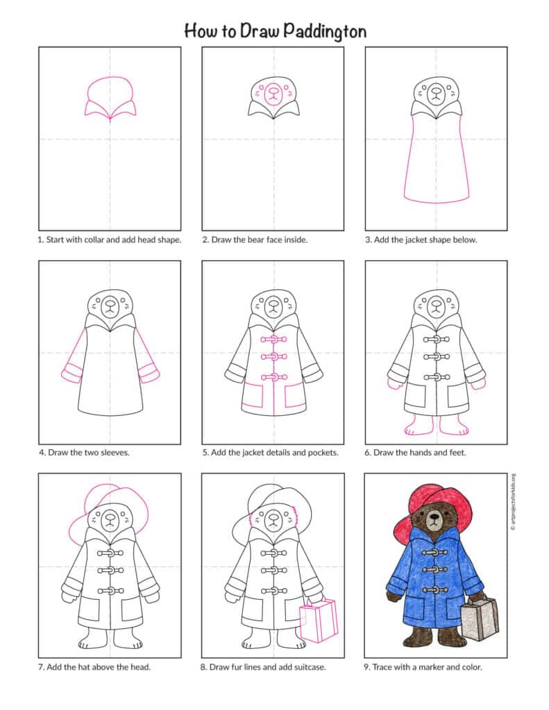 Step-by-step preview of the "How to Draw Paddington" tutorial.