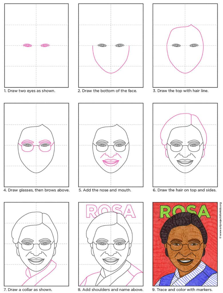 A step-by-step drawing tutorial showing how to draw Rosa Parks from start to finish.