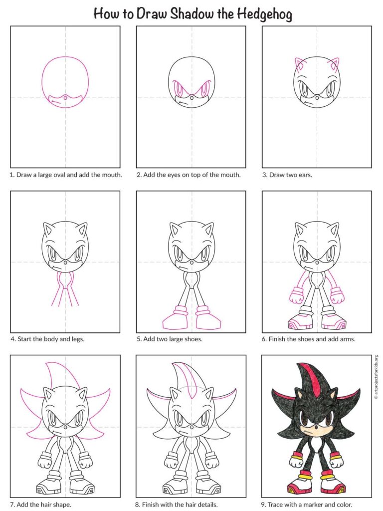 Step-by-step tutorial on how to draw Shadow the Hedgehog.