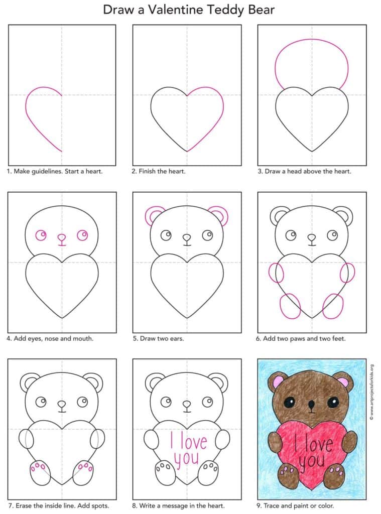 Step-by-step tutorial showing how to draw a Valentine bear.