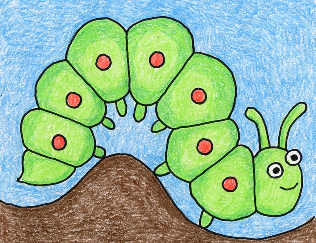 A finished drawing of a caterpillar, made with the help of a step by step tutorial.