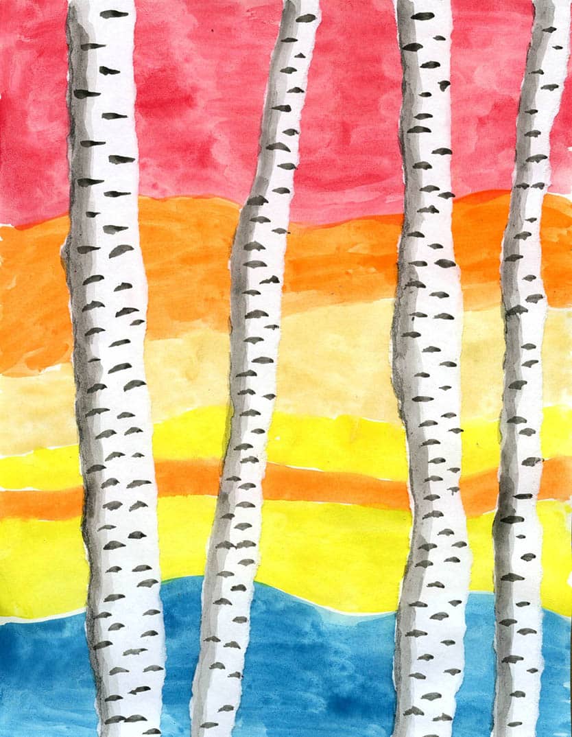 Painting fine black lines on trees to add detail in Matthew Wong style painting.