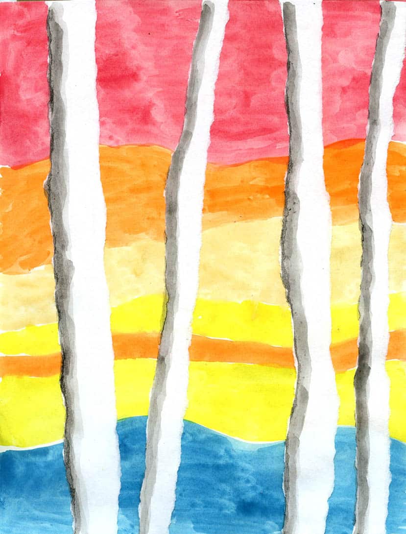 Adding watery black paint for shadows on trees in Matthew Wong inspired artwork.