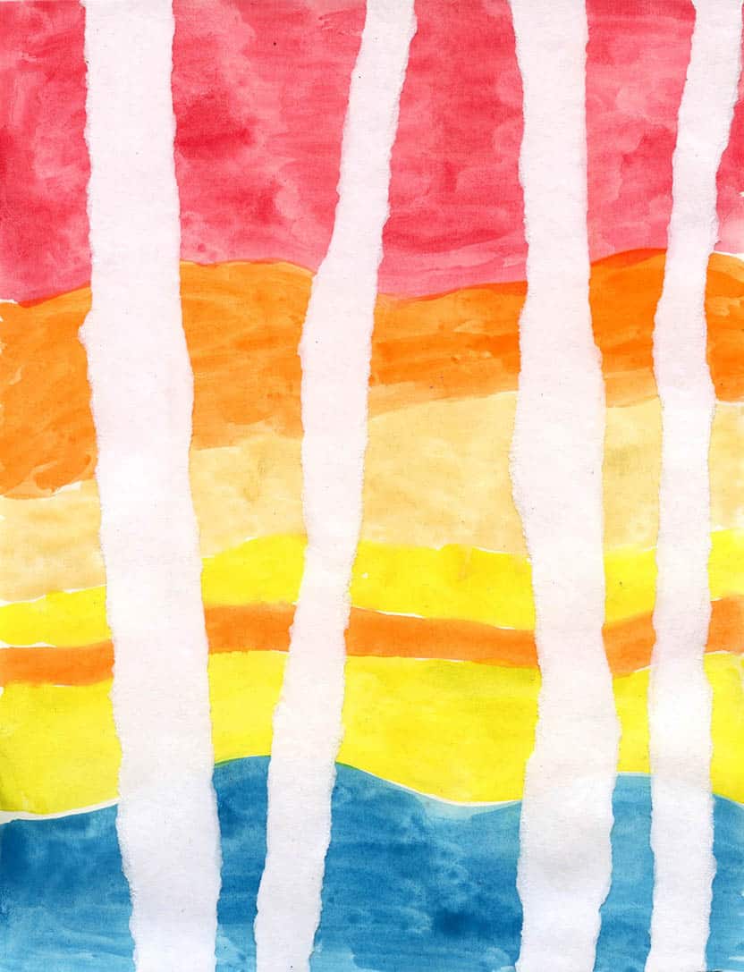 Tearing and gluing drawing paper strips on painting to create layered texture.