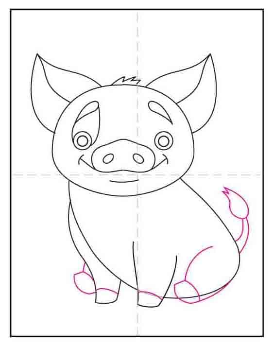 Add hooves, back legs, and a curly tail to Pua Moana drawing.
