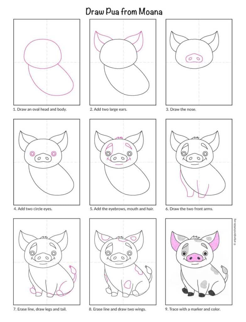 Step by step Pua Moana drawing tutorial preview image.