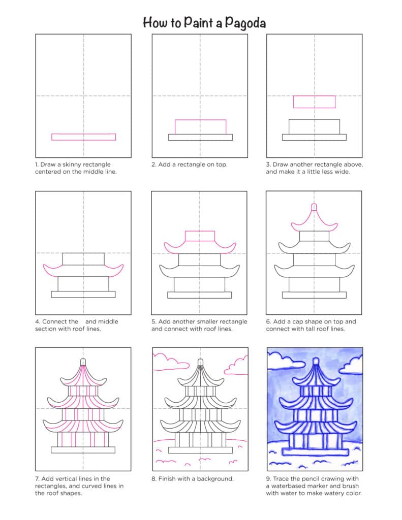 A preview of the step by step tutorial for this Pagoda drawing project, available as a printable.