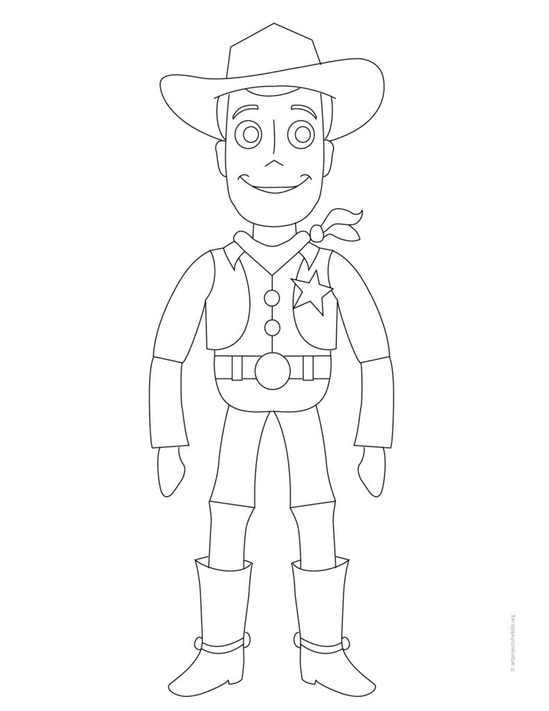 Printable coloring page of Woody from Toy Story with outlined drawing for kids