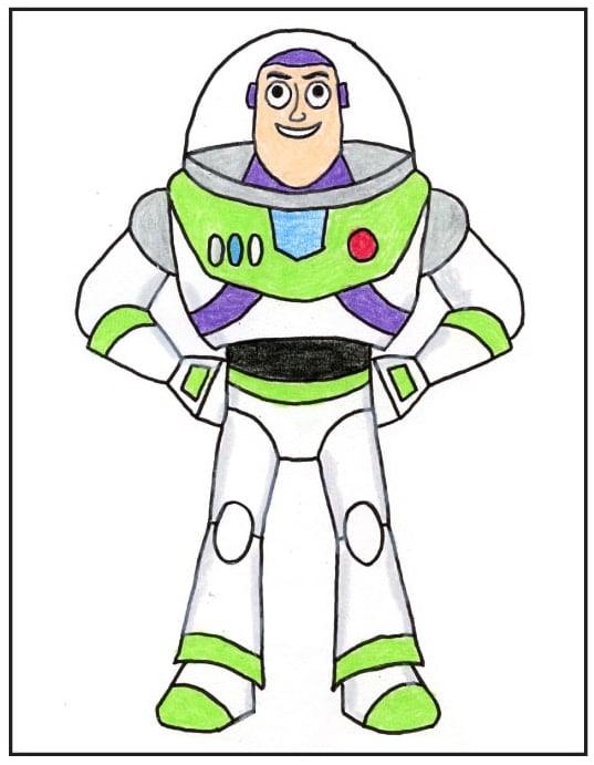 Step 9 of Buzz Lightyear drawing showing finished lines and crayon coloring