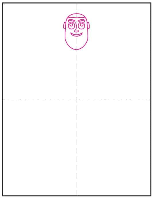 Step 1 of Buzz Lightyear drawing showing how to draw the head shape