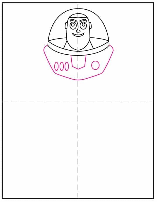 Step 3 of Buzz Lightyear drawing showing chest plate and shoulders
