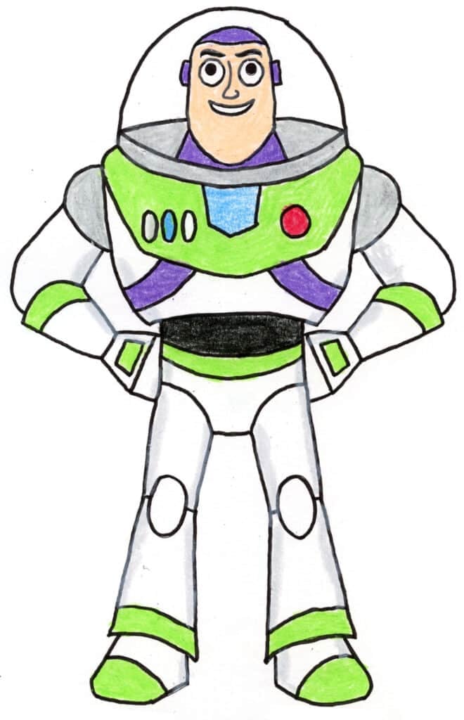 Finished drawing of Buzz Lightyear cartoon for easy student art project