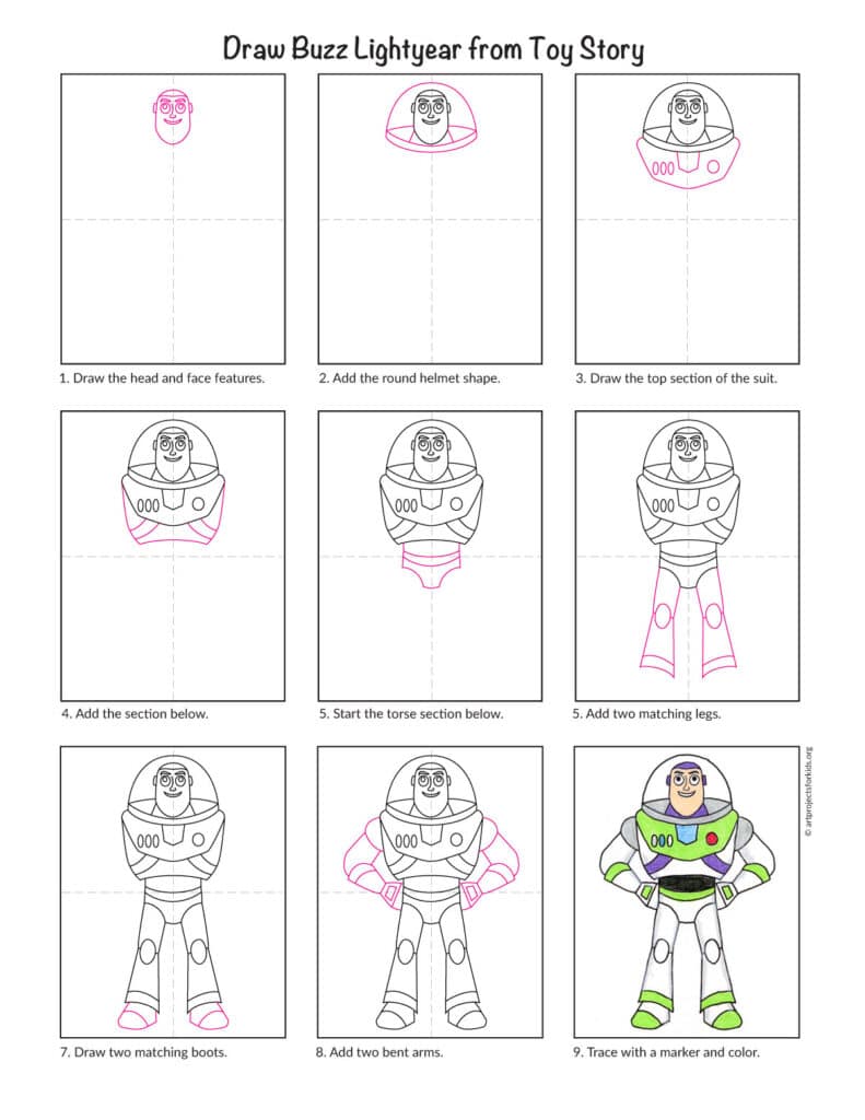 Preview of step-by-step Buzz Lightyear drawing tutorial for kids