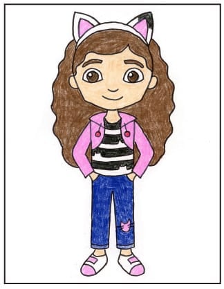 Step 9 of how to draw Gabby and her dollhouse—final colored version with bold outlines.